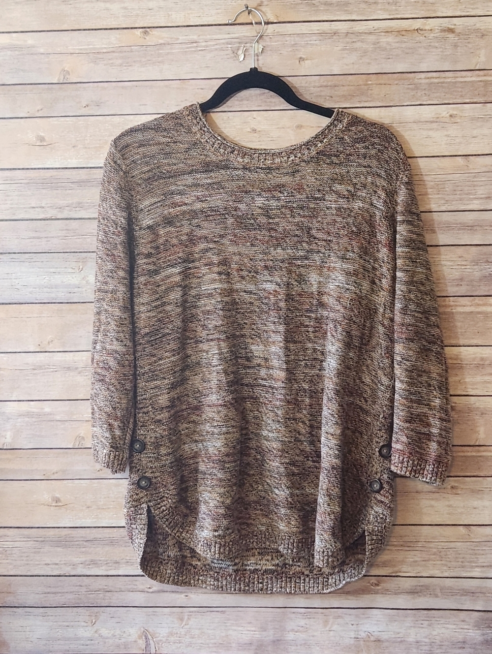Christopher & Banks Marled Brown Crewneck Sweater with Side Buttons